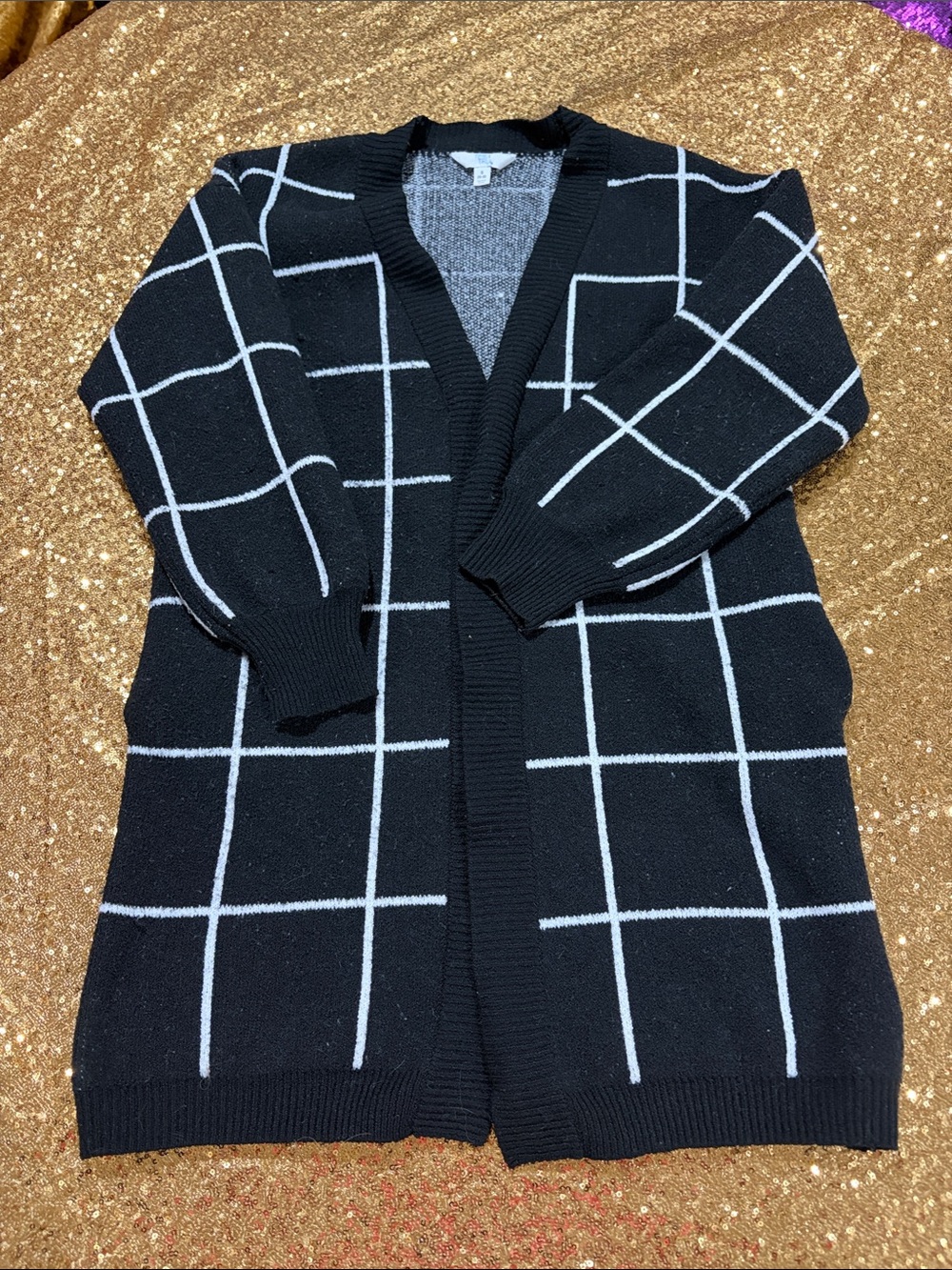 Time and Tru Black Grid Open-Front Cardigan